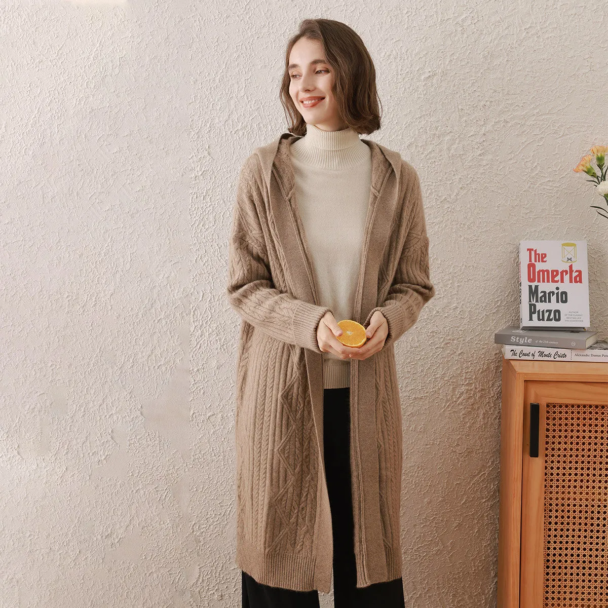 100% Cashmere Cardigan Loose Hooded Knit Coat