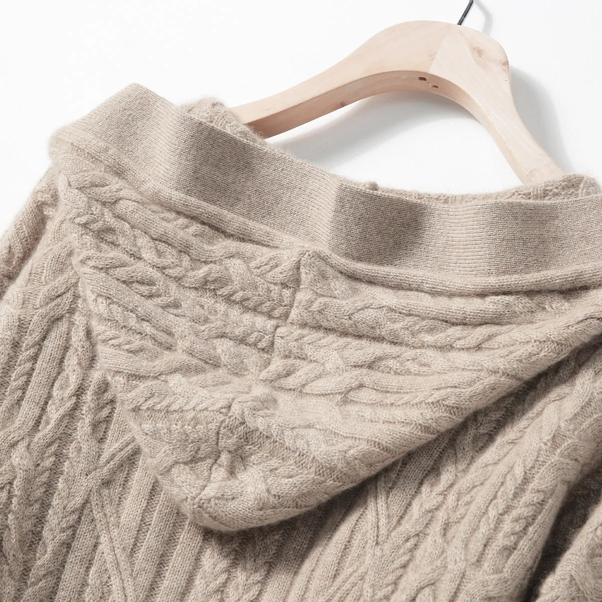 100% Cashmere Cardigan Loose Hooded Knit Coat