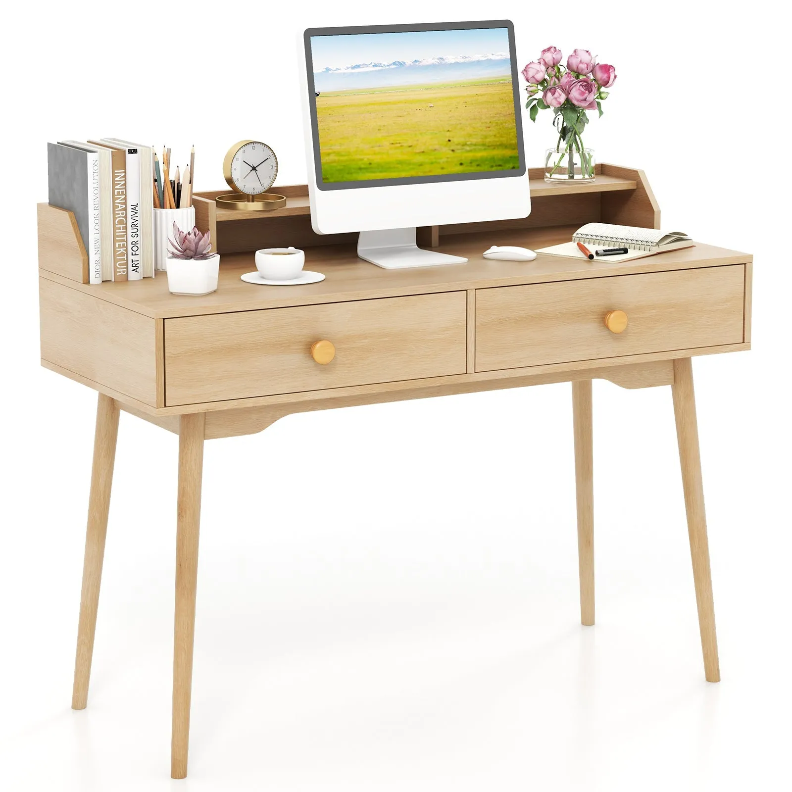 120 CM Writing Desk with Hutch and Drawers for Bedroom-Natural