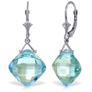 17.5 Carat 14K Solid White Gold Leverback Earrings Checkerboard Cut Blue Topaz