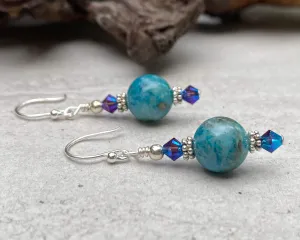 Aqua Floral Gemstone Beaded Earrings, Sterling Silver