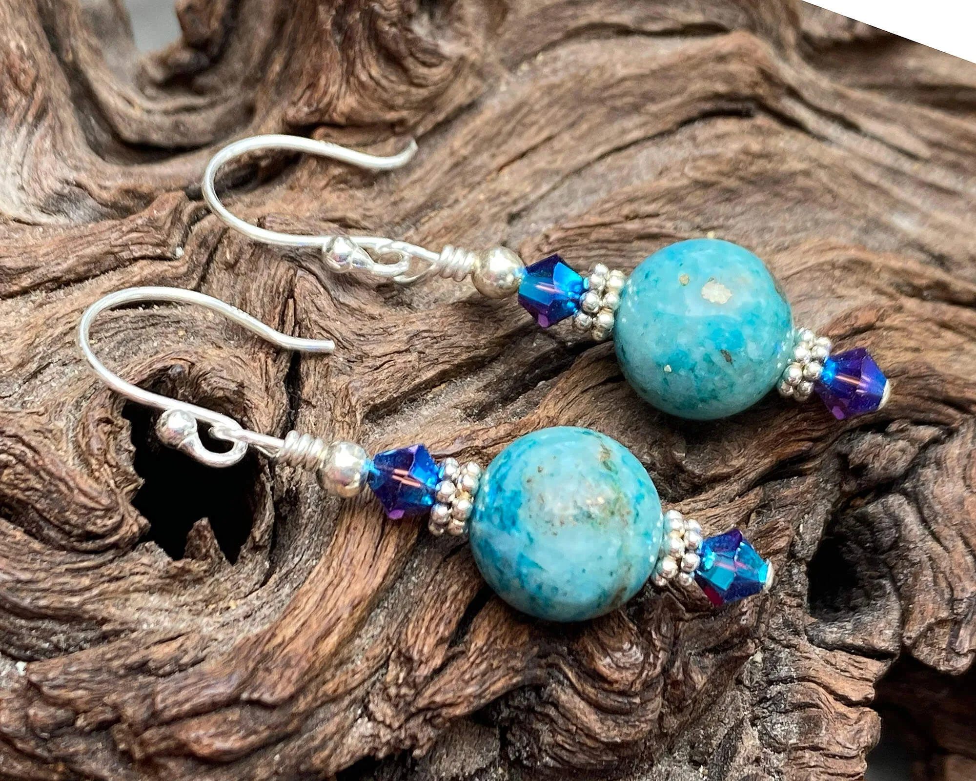 Aqua Floral Gemstone Beaded Earrings, Sterling Silver