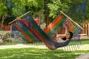 Authentic Mexican Deluxe Outdoor Undercover Cotton Hammock with spreader bars in Mexicana