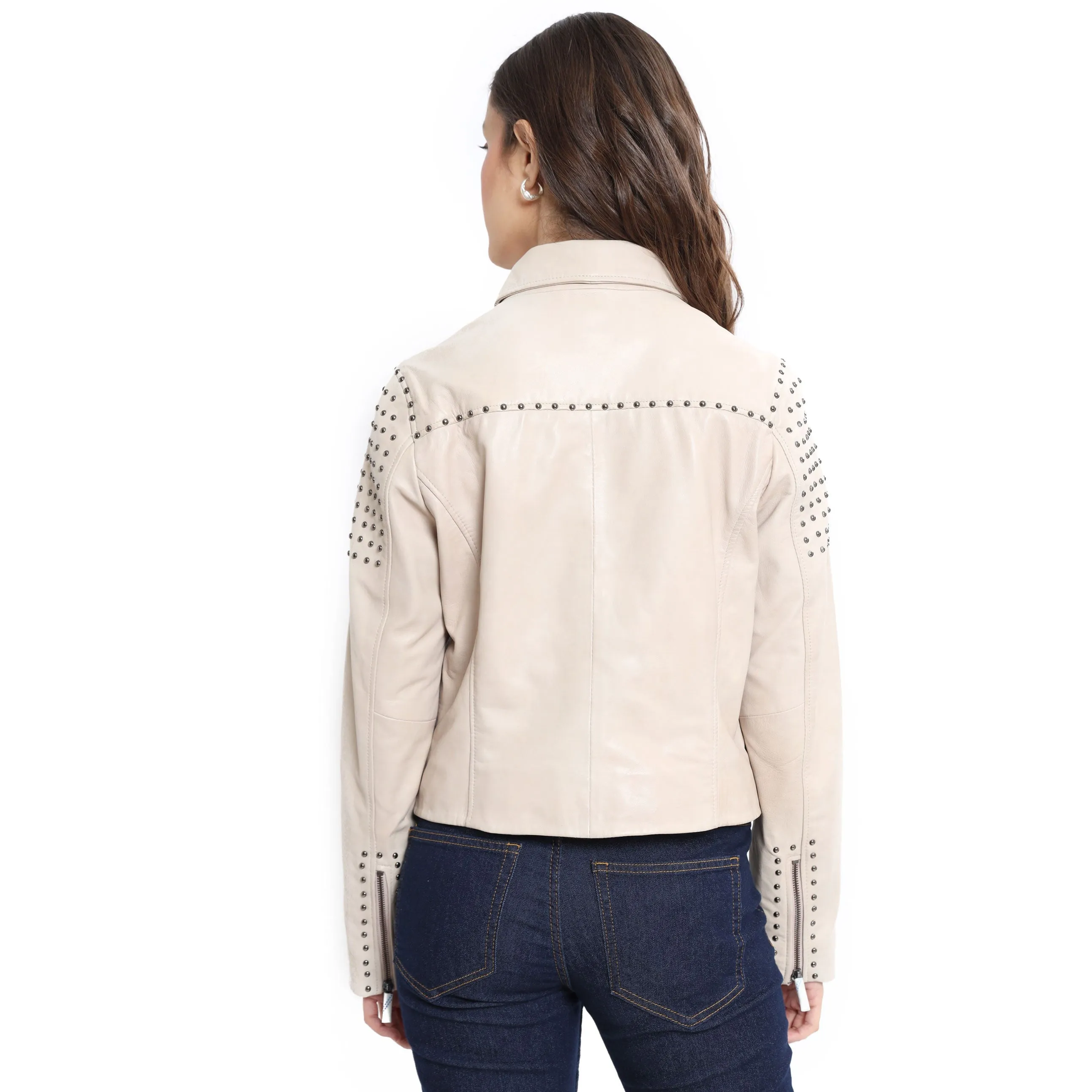 Beige Embroidered Studded  LEATHER Jacket