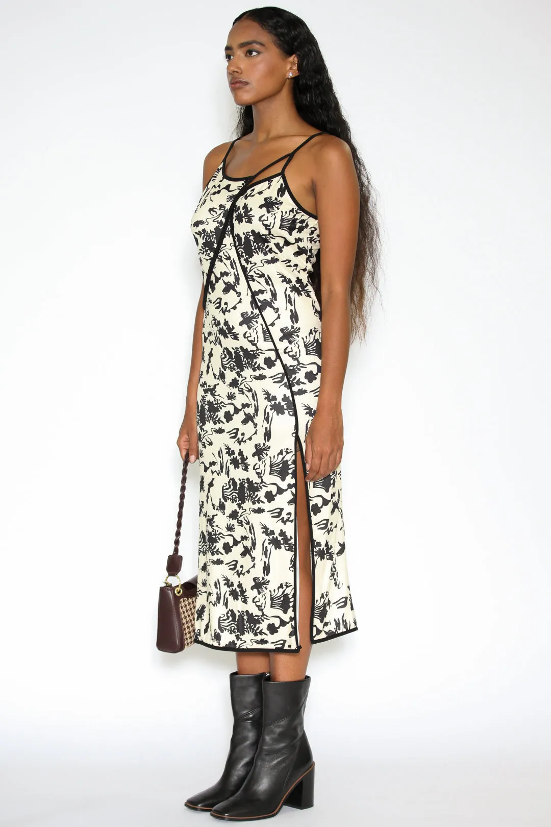 Beige Floral Printed Slip Midi Dress