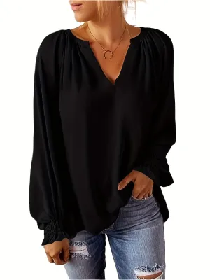 Chic Plus Size Lantern Sleeve Notched Neck Tunic Top