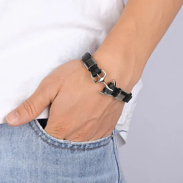 Classy Men Black & Silver Leather Anchor Bracelet