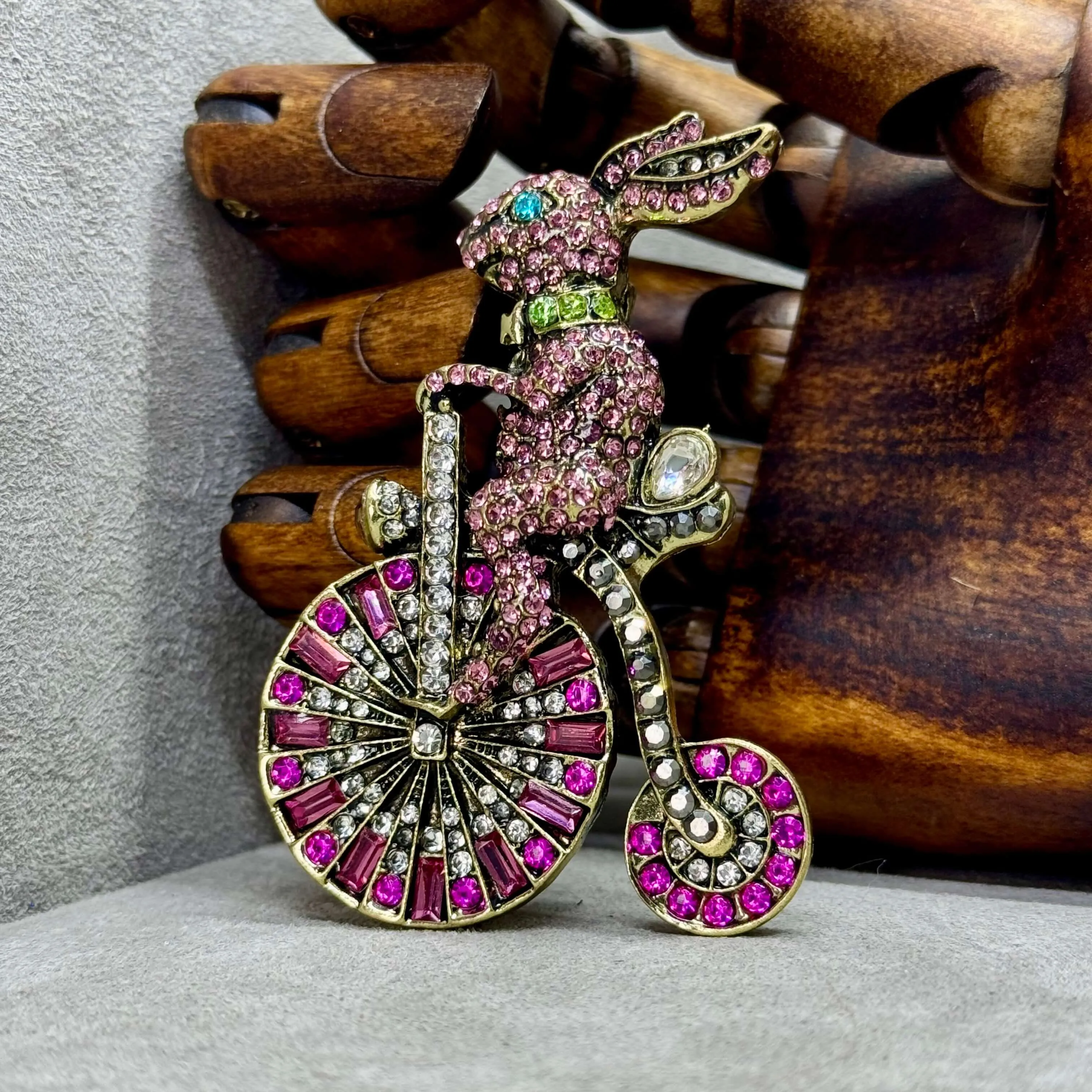 Crystal Embellished Rabbit on Penny Farthing Brooch.