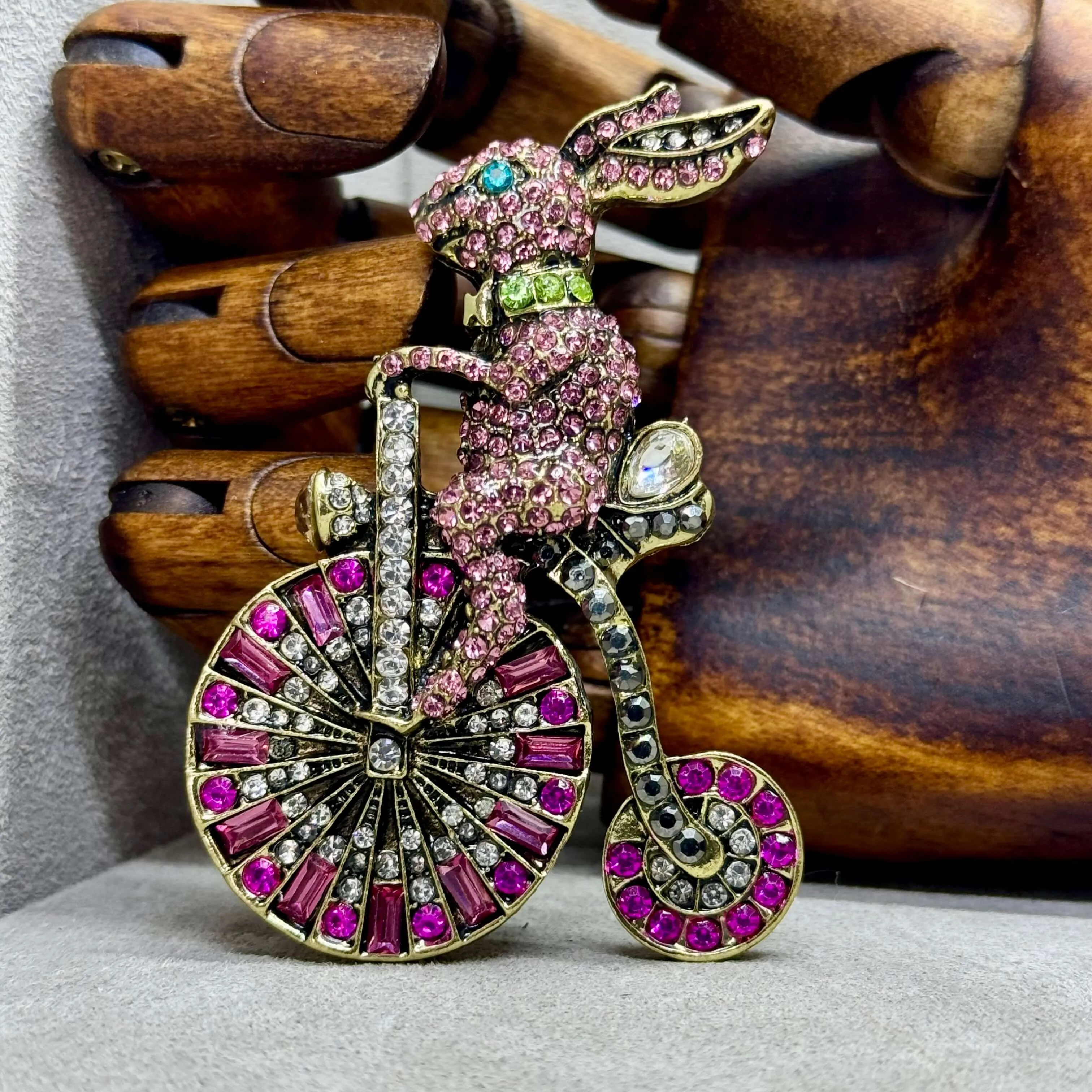 Crystal Embellished Rabbit on Penny Farthing Brooch.