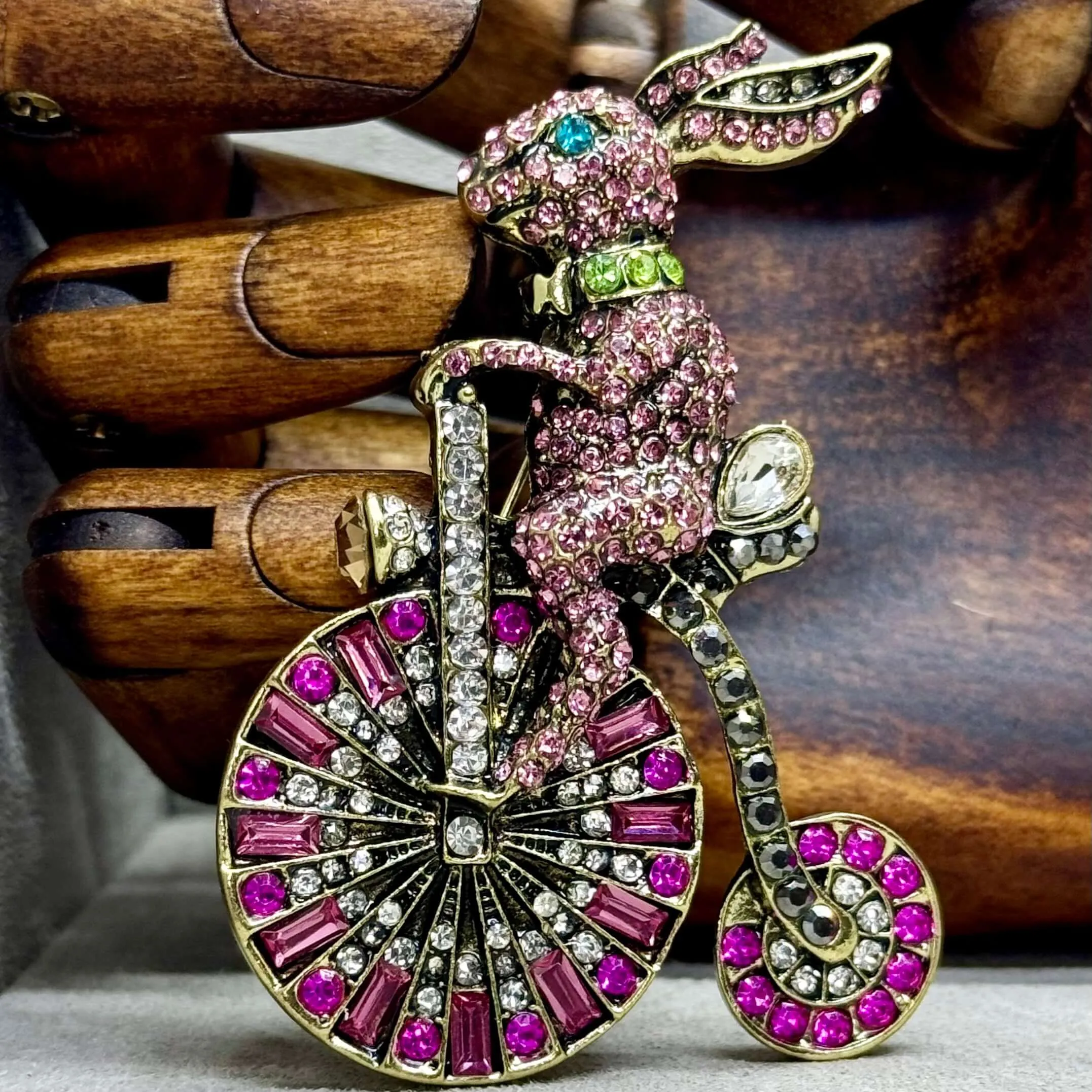 Crystal Embellished Rabbit on Penny Farthing Brooch.