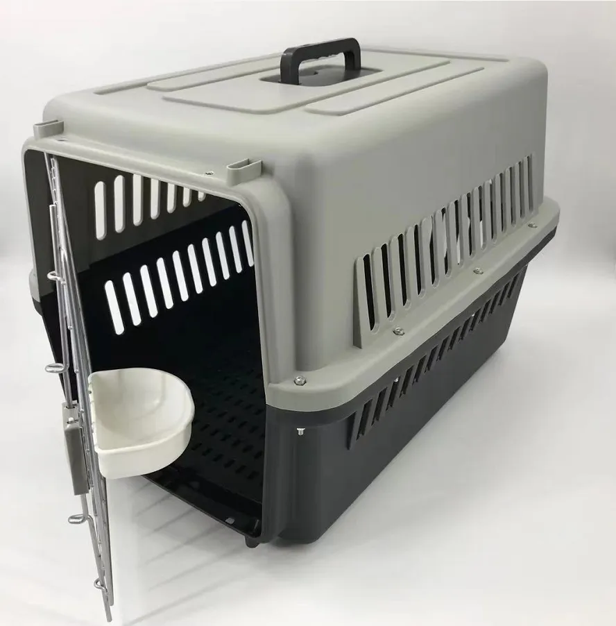 Durable Large Pet Carrier Crate with Tray, Bowl, Wheels in Black