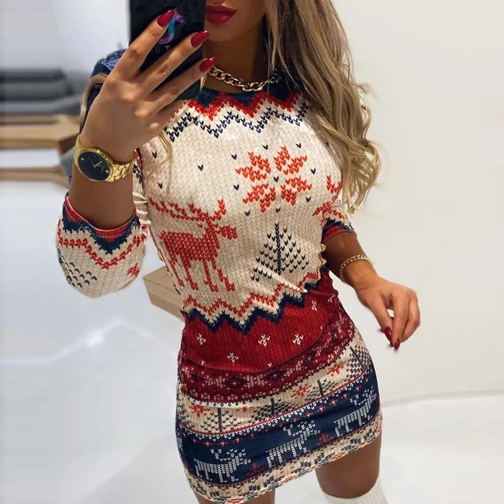 Elegant Ladies Christmas Dresses 2024 - Stylish Long Sleeve Cartoon Print Party Dress for Autumn & Winter Streetwear