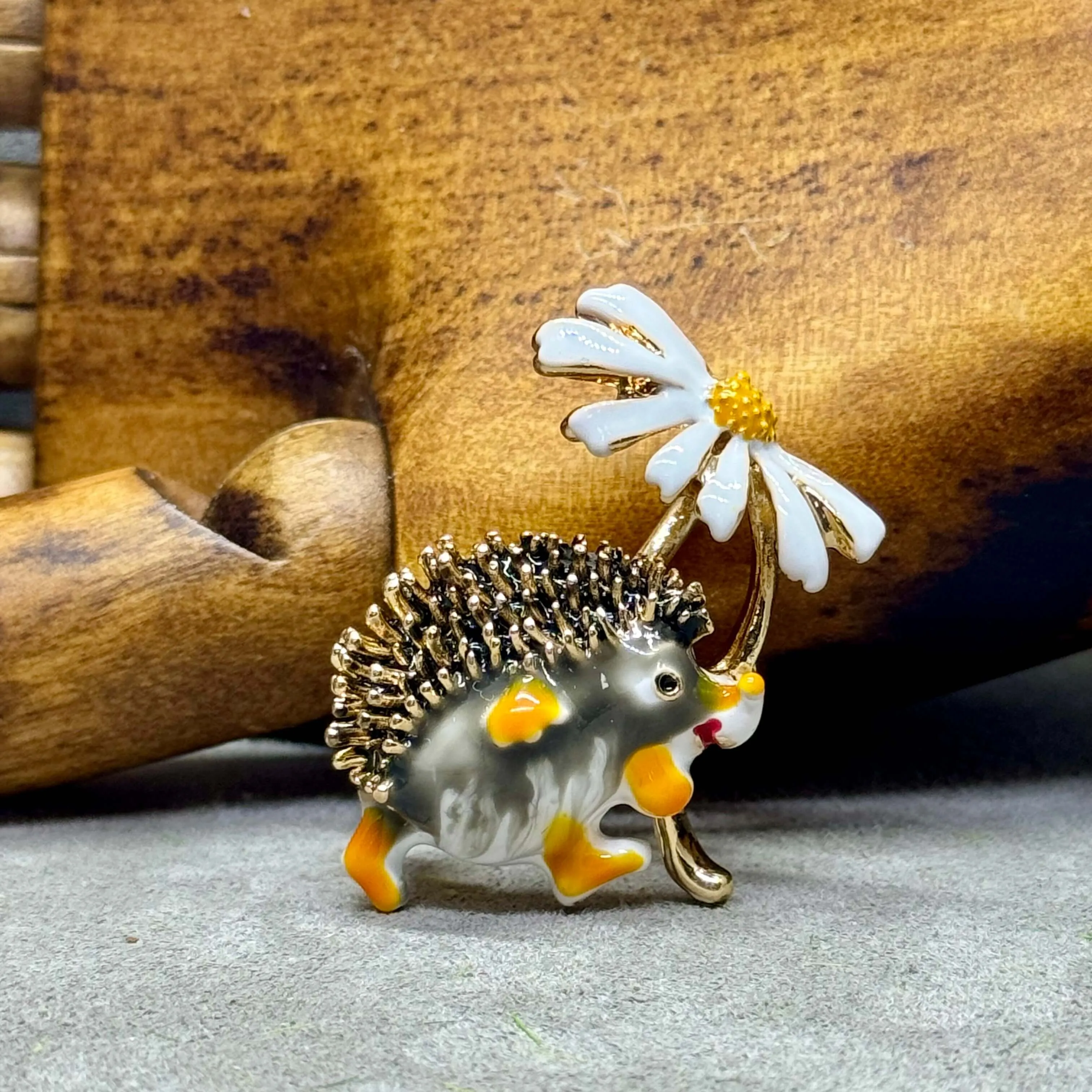 Enamel Hedgehog & Daisy Fashion Jewellery Brooch