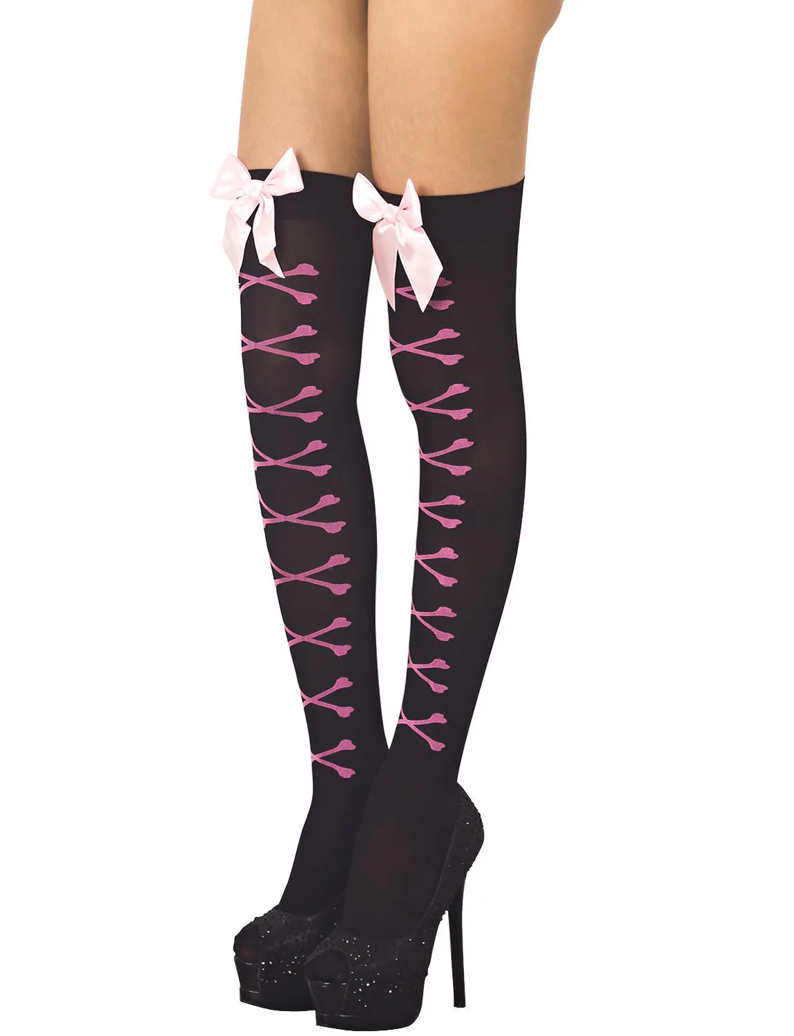 iB-iP Women's Bones Tied Up Patterned Seamless Punk Thigh High Hold-up Stockings