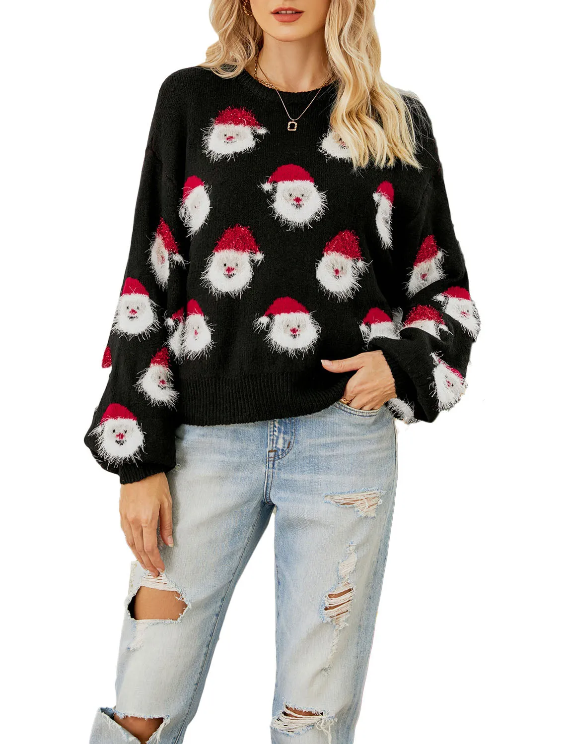 iB-iP Women's Casual Christmas Top Santa Claus Long Sleeve Pullover Sweater