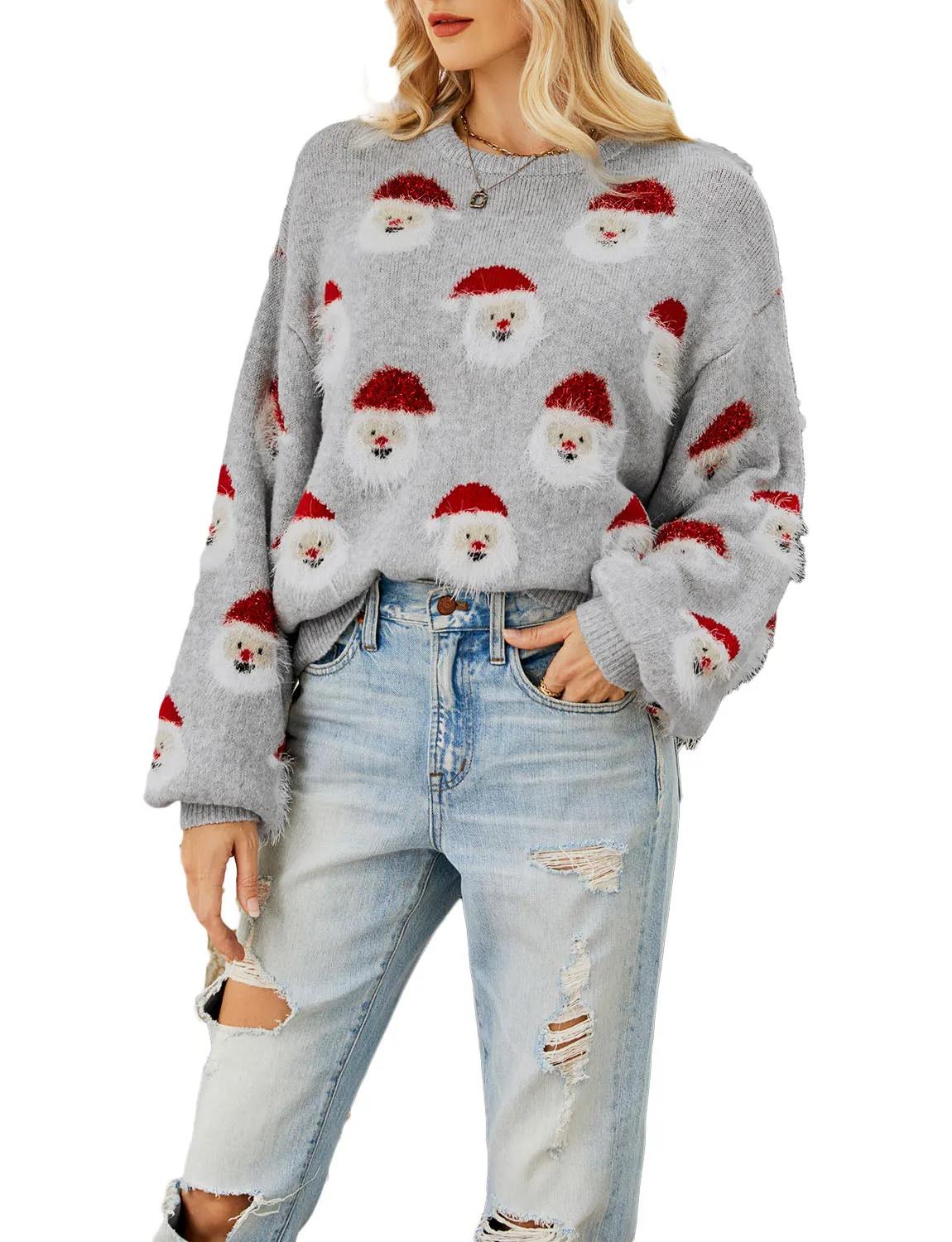 iB-iP Women's Casual Christmas Top Santa Claus Long Sleeve Pullover Sweater