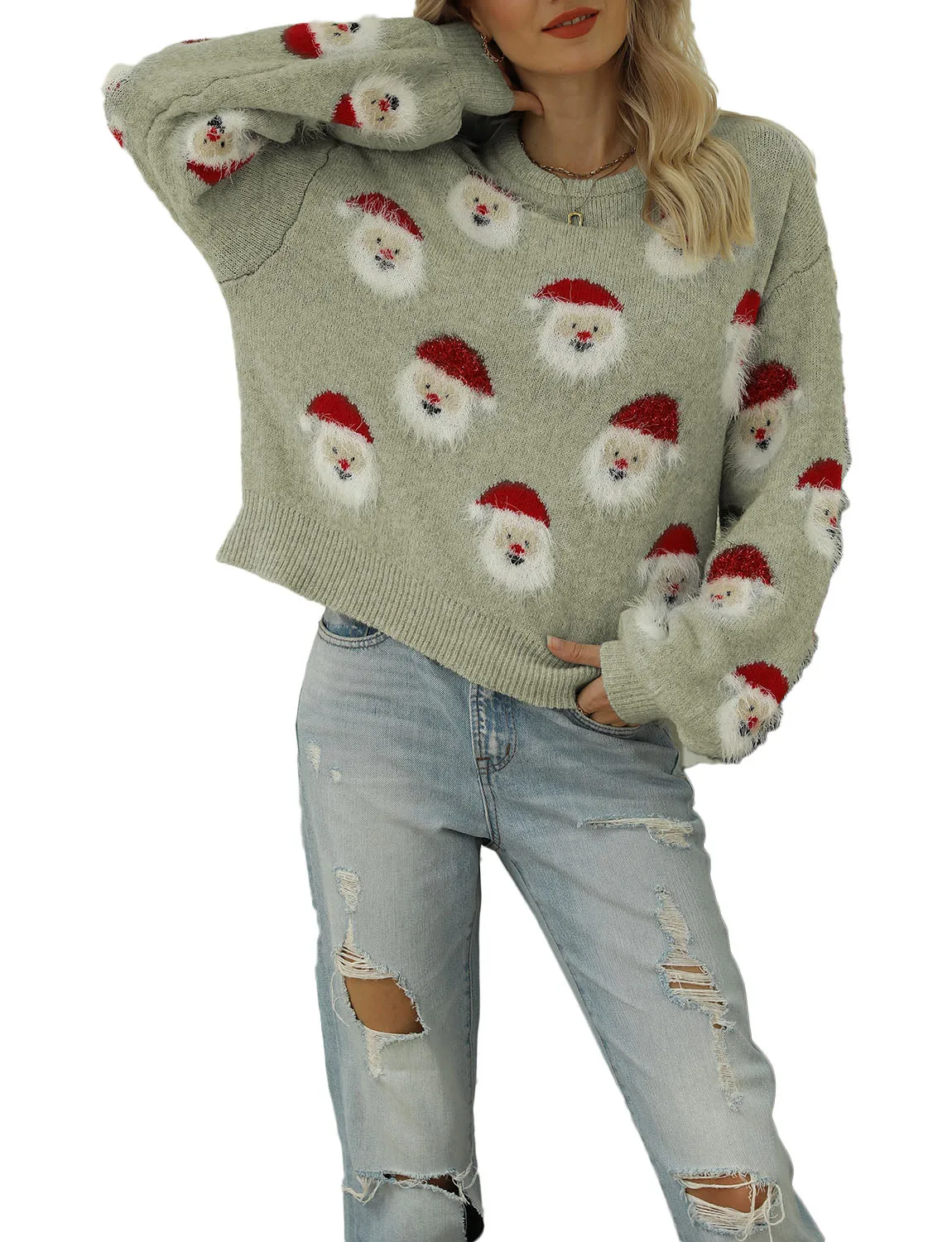 iB-iP Women's Casual Christmas Top Santa Claus Long Sleeve Pullover Sweater