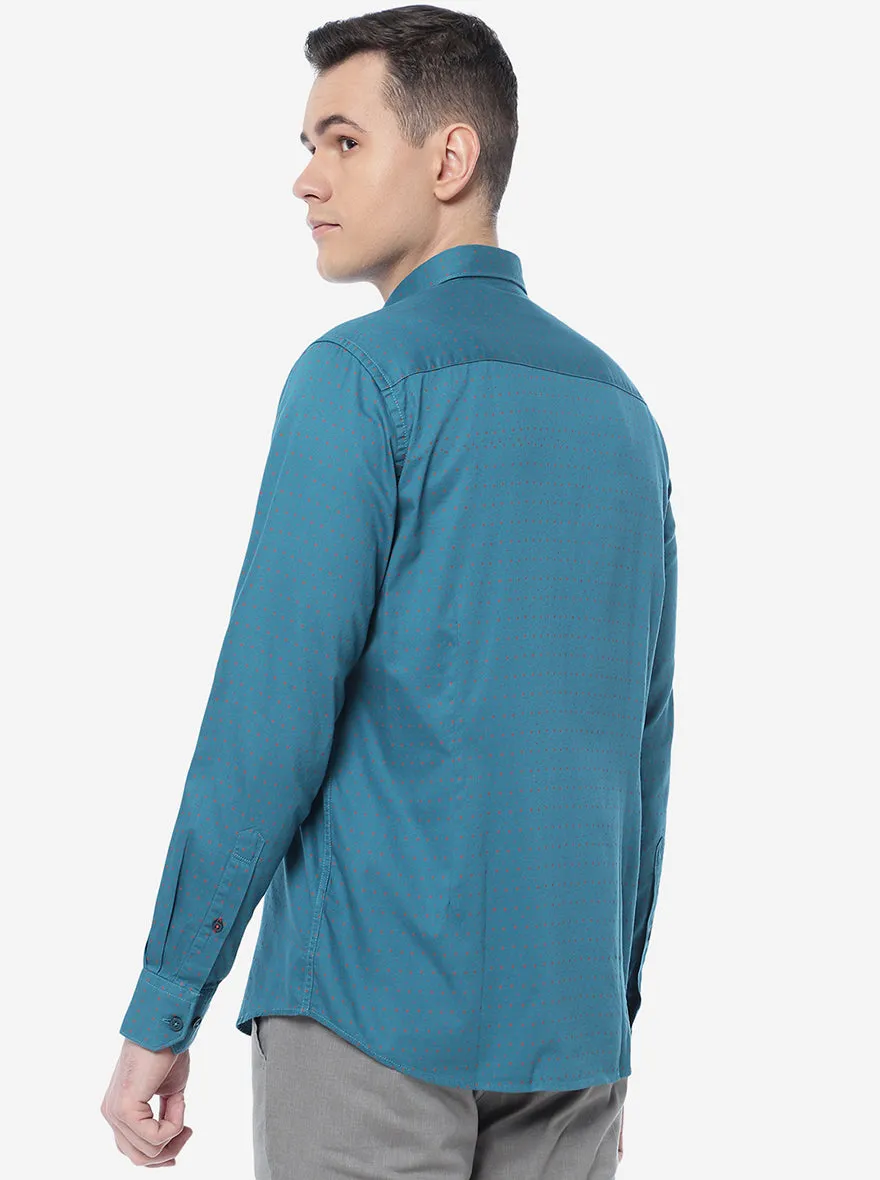 Lake Blue Printed Slim Fit Casual Shirt | Greenfibre