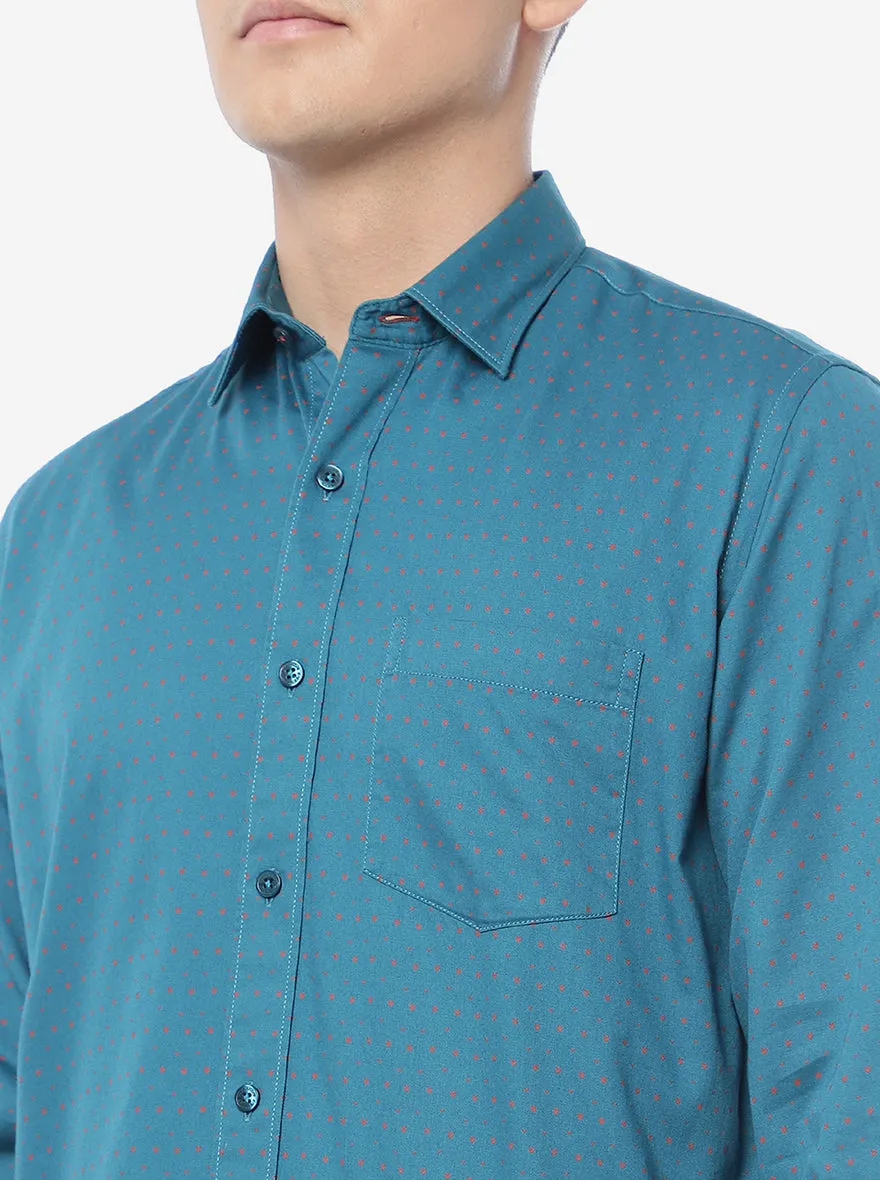 Lake Blue Printed Slim Fit Casual Shirt | Greenfibre