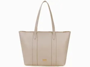 LARGE PLAIN PALE BEIGE TOTE HANDBAG WITH STRIPE INTERIOR