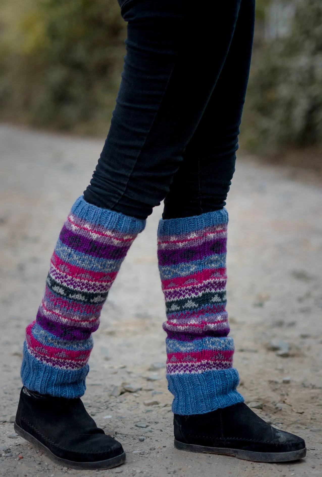 Light Blue Multicolored Pure Woolen Leg warmers