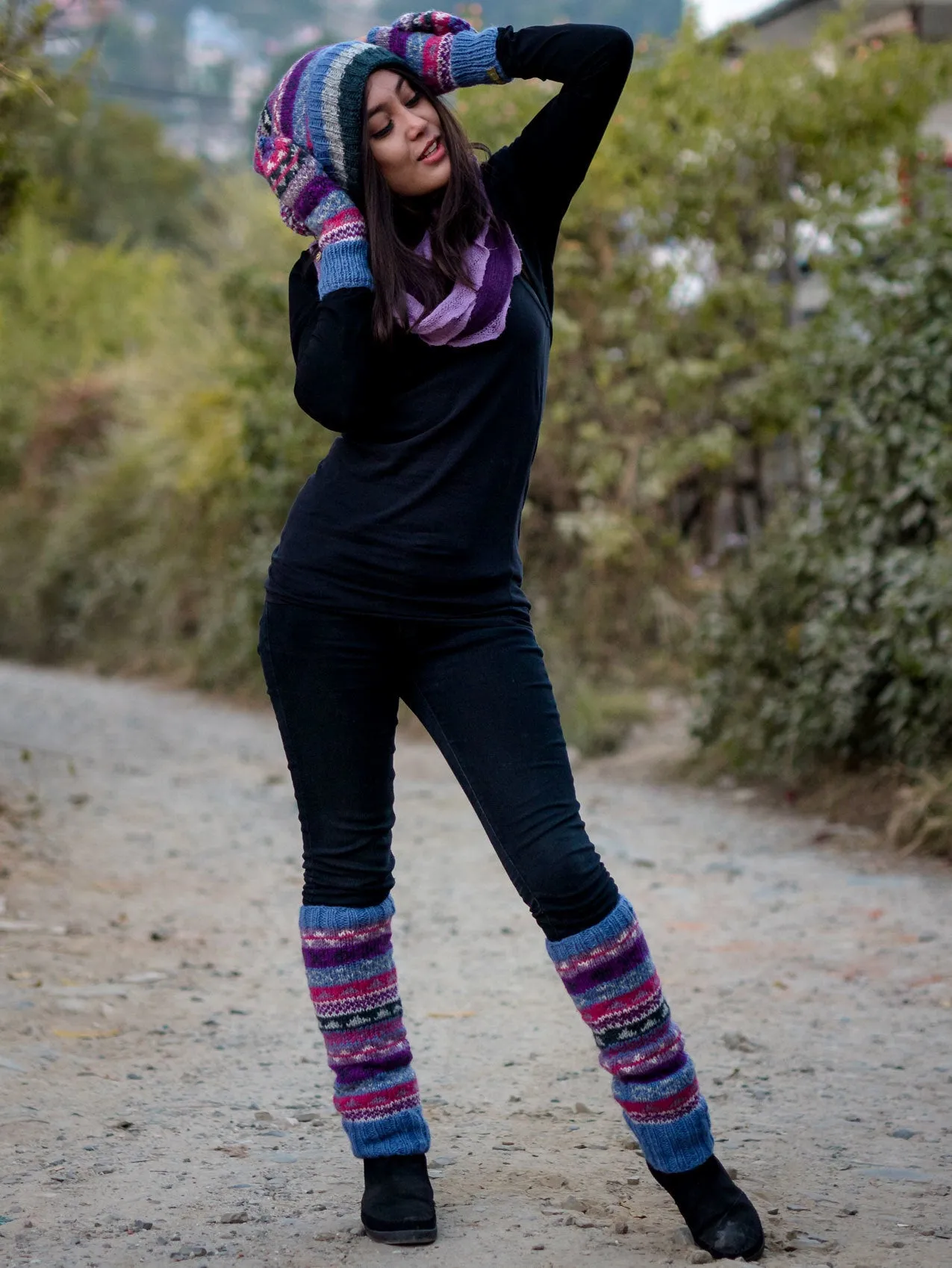 Light Blue Multicolored Pure Woolen Leg warmers