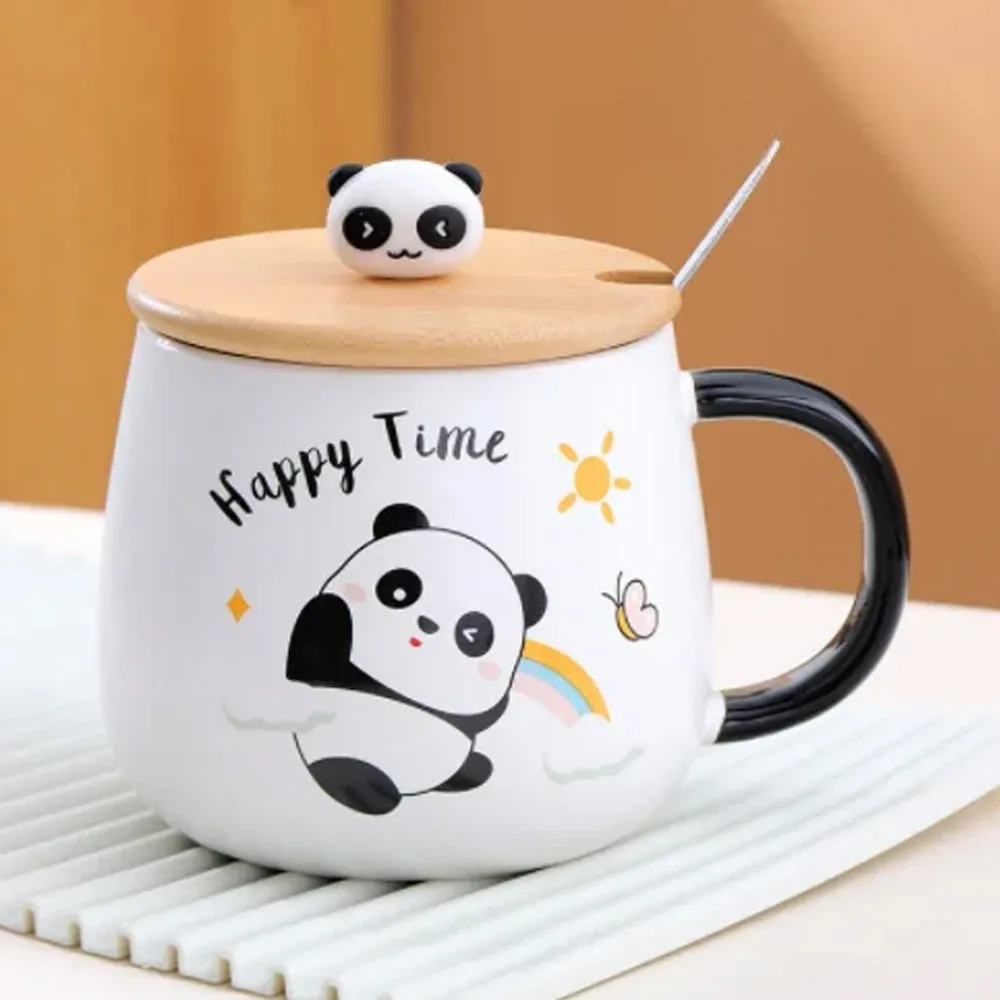 (Net) Cute Panda Ceramic Cup with Spoon and Wooden Cap