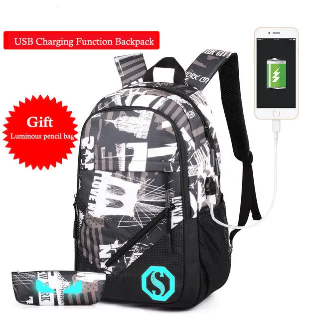 New Design USB Charging Men's Backpacks Male Casual Travel Luminous Mochila Teenagers Women Student School Bags Laptop Backpack