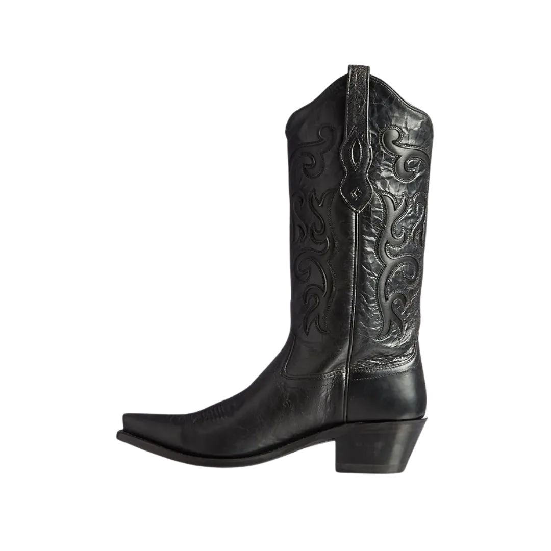 Old West Black Womens All Over Leather 12in Snip Toe Stitch Cowboy Boots