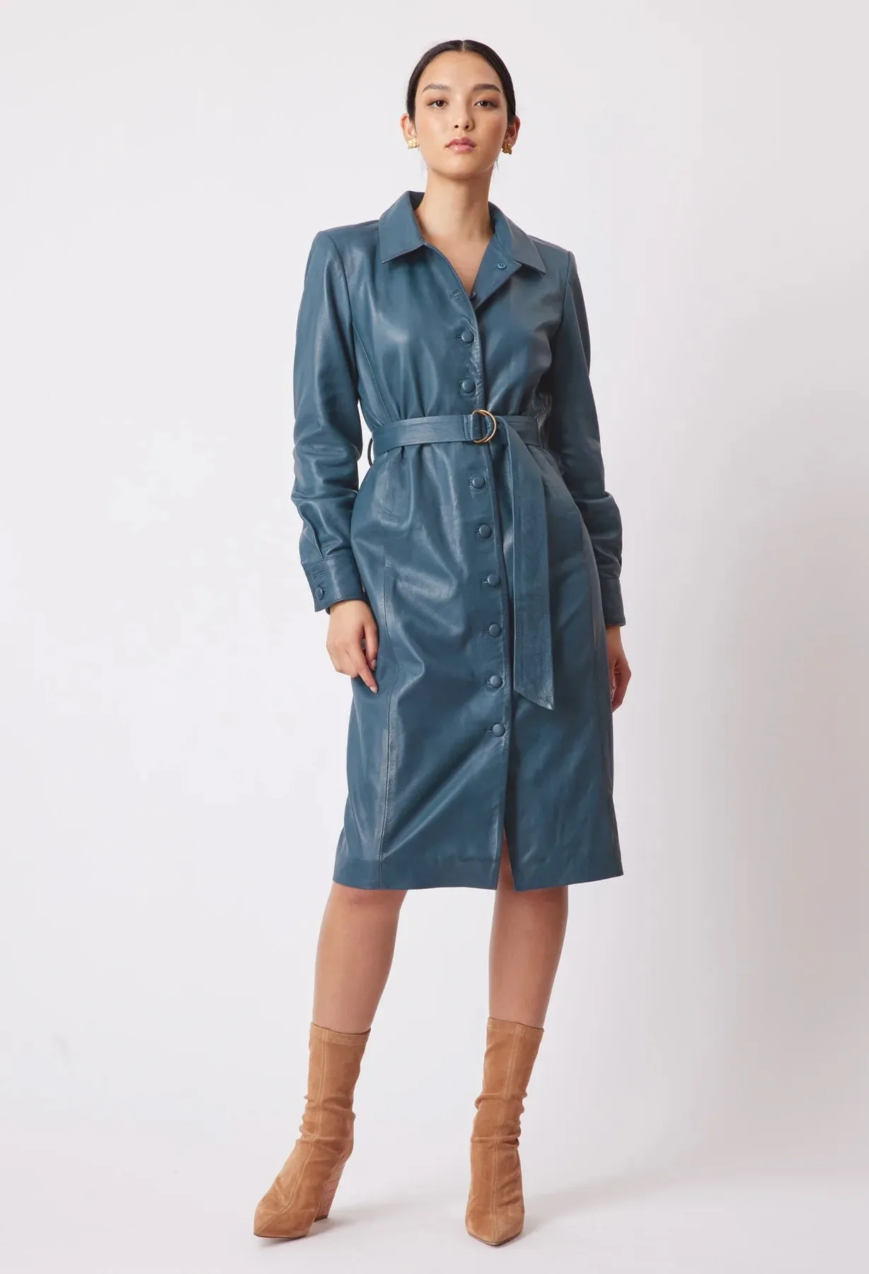 ONCE WAS LOREN LEATHER SHIRT DRESS IN STEEL BLUE