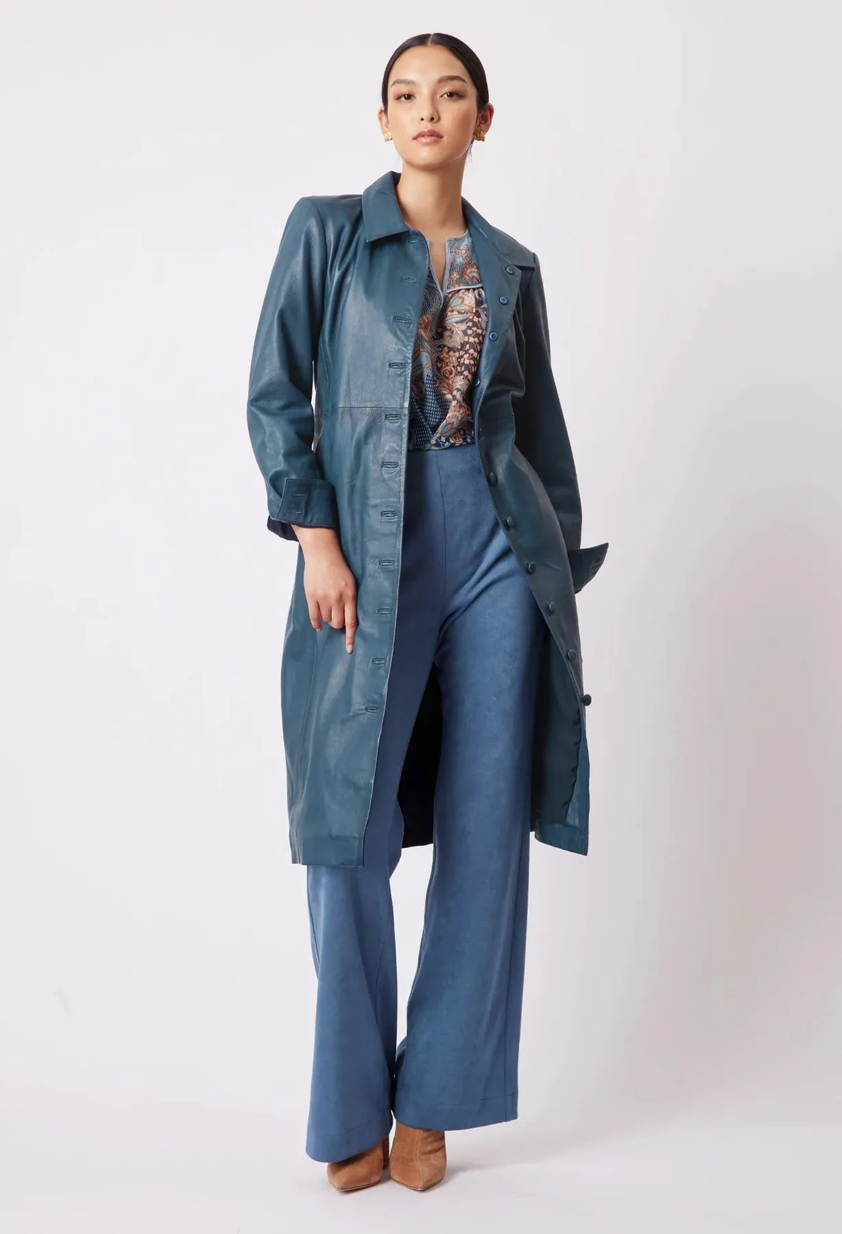 ONCE WAS LOREN LEATHER SHIRT DRESS IN STEEL BLUE