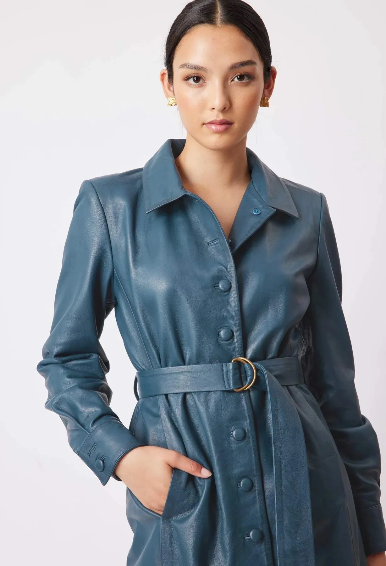 ONCE WAS LOREN LEATHER SHIRT DRESS IN STEEL BLUE