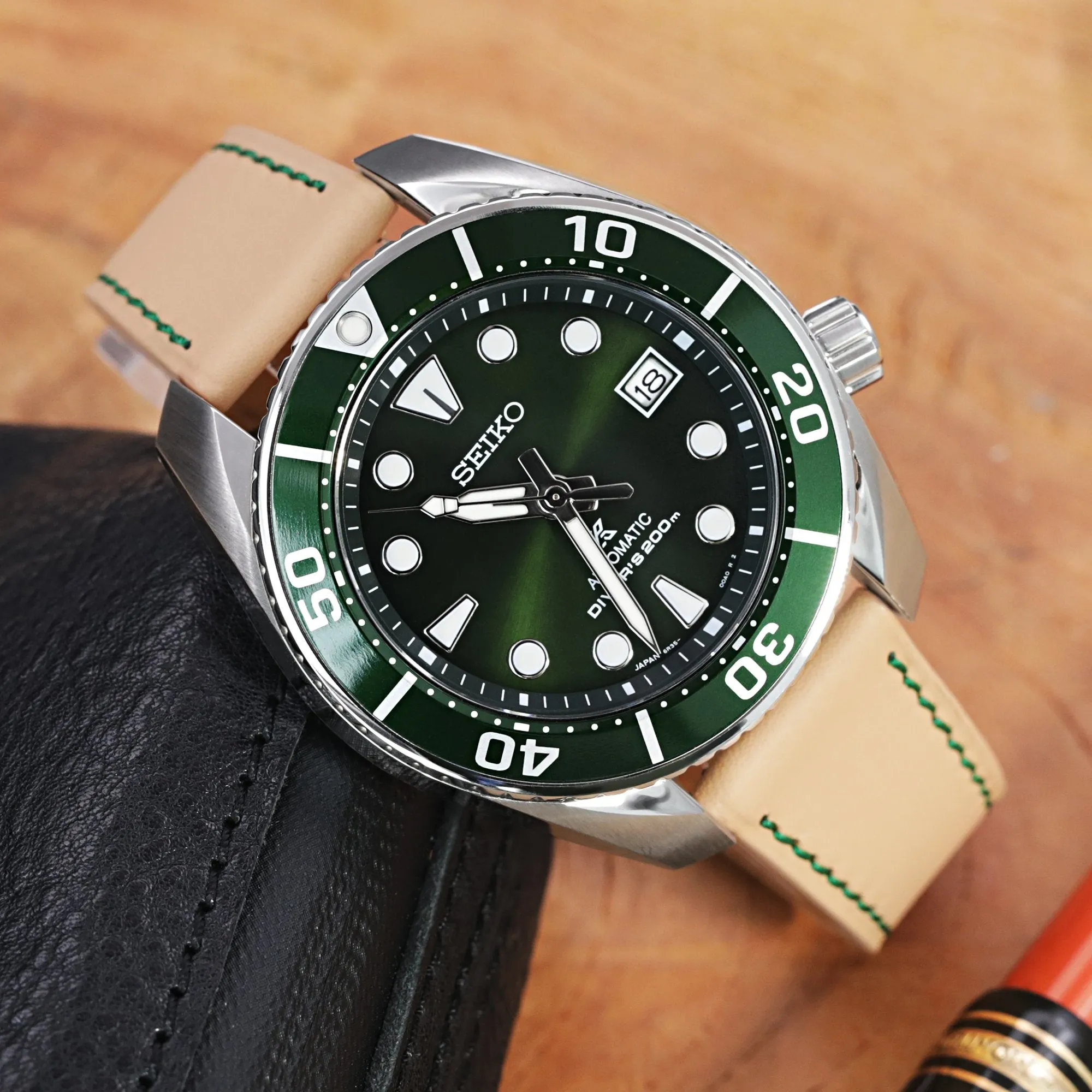 Quick Release, 20mm Beige Tapered Leather Strap, Green St.