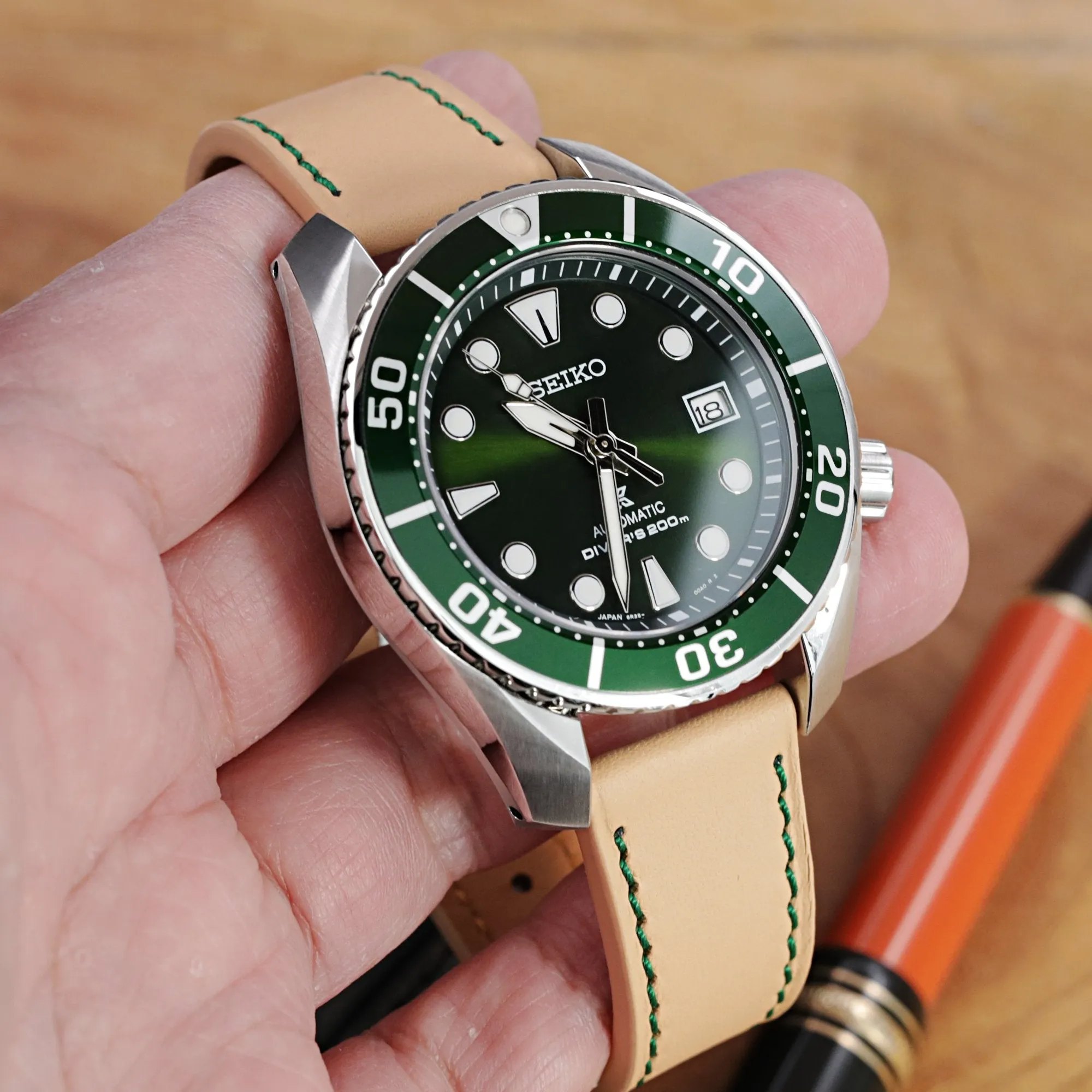 Quick Release, 20mm Beige Tapered Leather Strap, Green St.