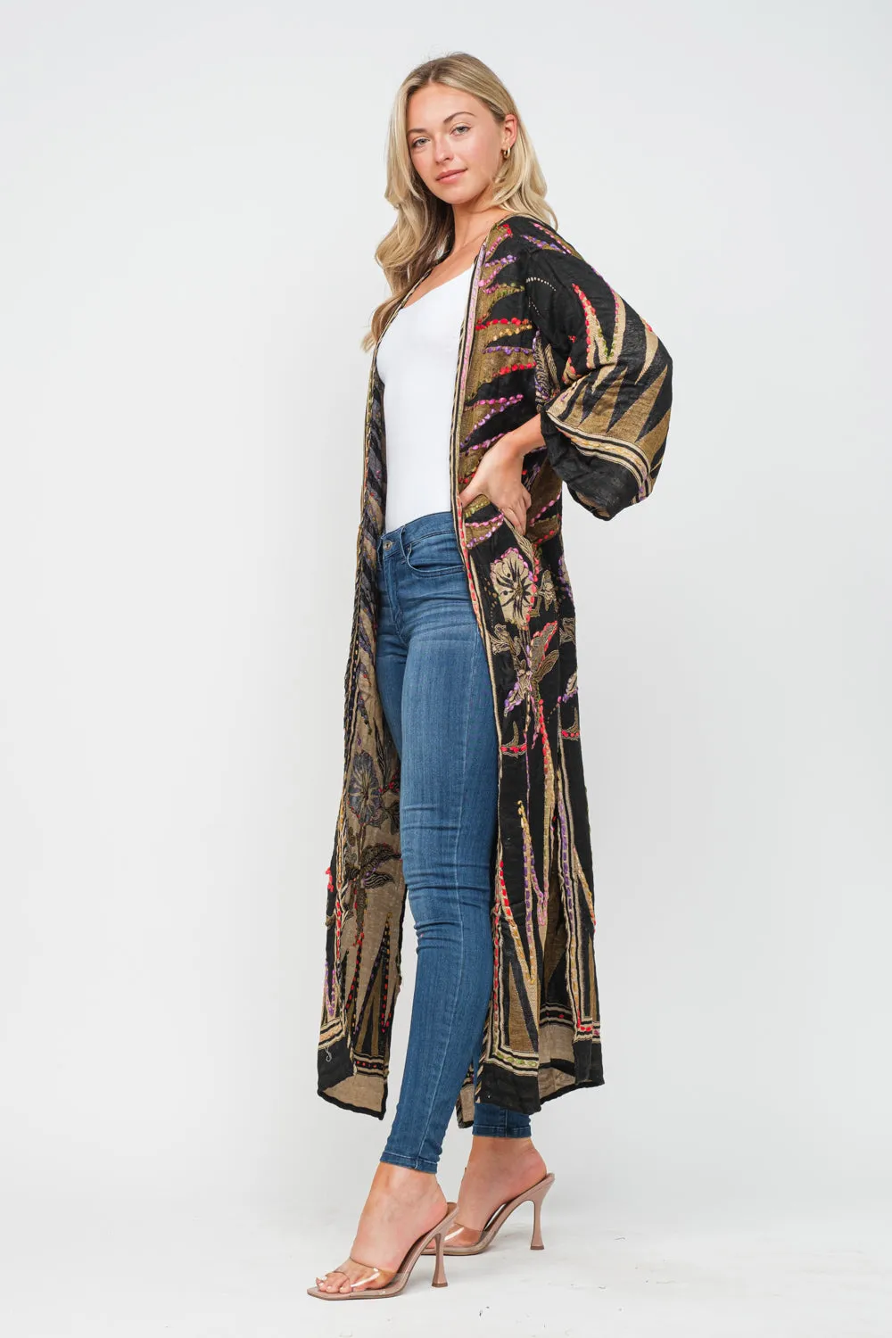 RAJ MEGHAN BLACK GOLD THICK STITCH EMBROIDERED DUSTER