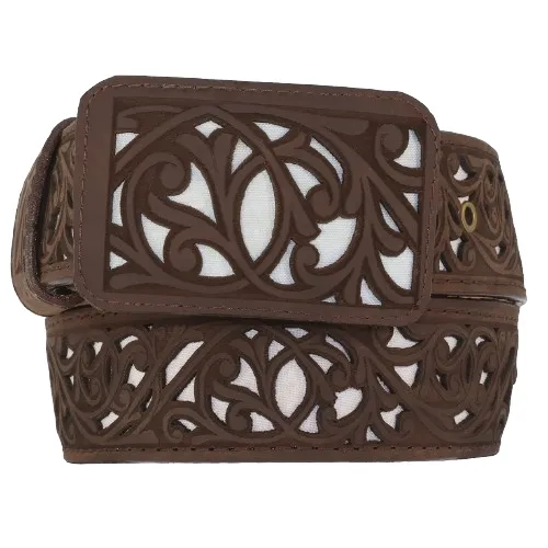 Silverton Laser Cut All Leather Belt (Choco/White)