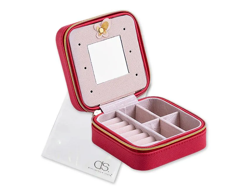 Simple and Small Travel Jewelry Box Organizer with Mirror - Red