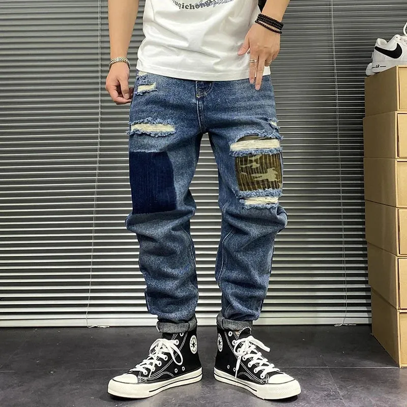 Streetwear Ripped Patch Jeans - Casual Straight Cargo Pants