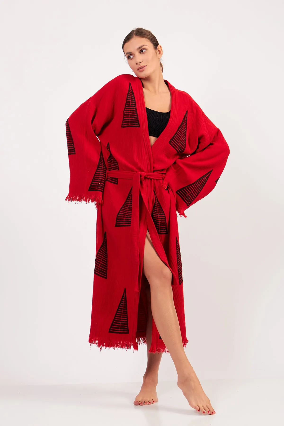 Turkish Towel Kimono Bathrobe Pyramid Design Red