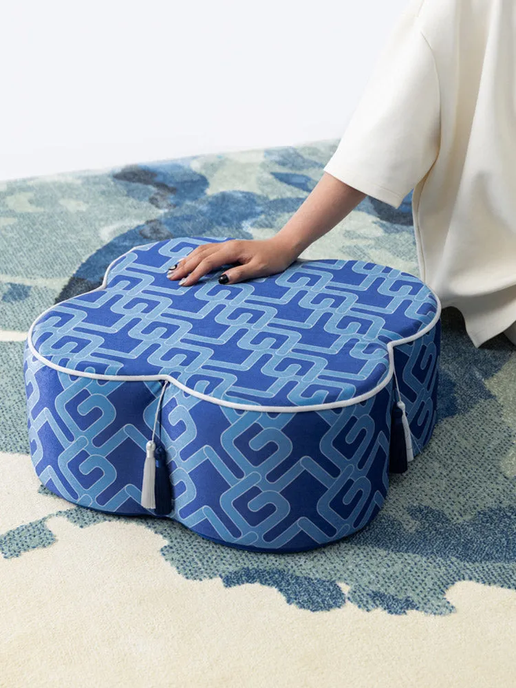 Unique Chinese Blue and White Meditation Cushion Pouf With Tassel