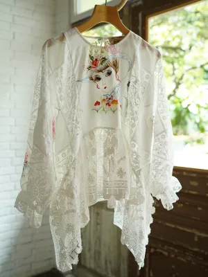 Unlogical Poem Elegant Style Floral Embroidered Patchwork Lace Blouse