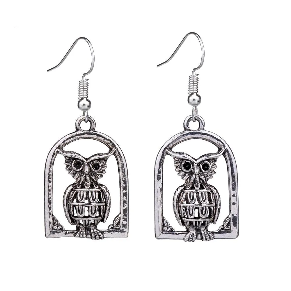 Vintage Owl Drop Dangle Silver Retro Earrings-Owl Vintage Earrings