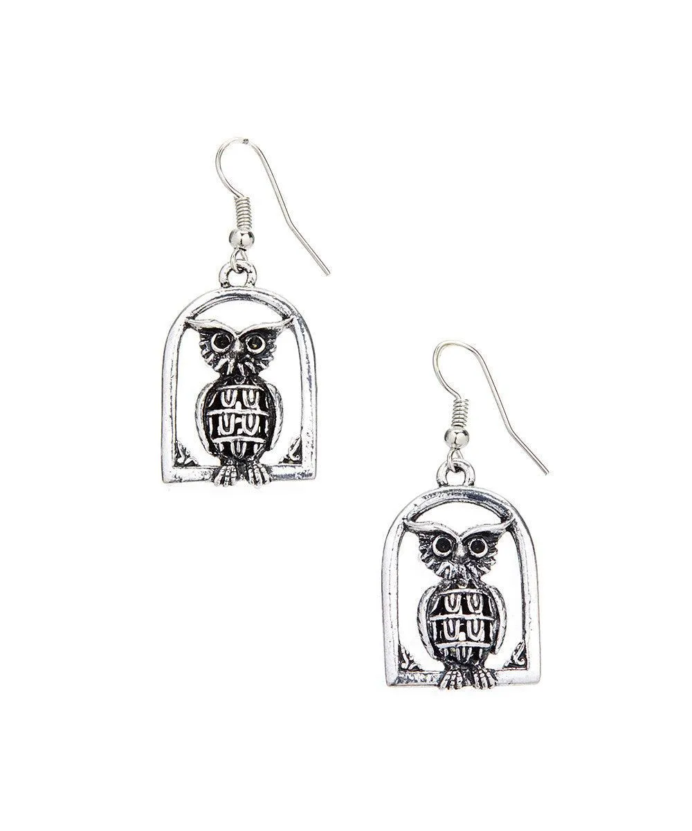 Vintage Owl Drop Dangle Silver Retro Earrings-Owl Vintage Earrings