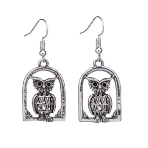 Vintage Owl Drop Dangle Silver Retro Earrings-Owl Vintage Earrings