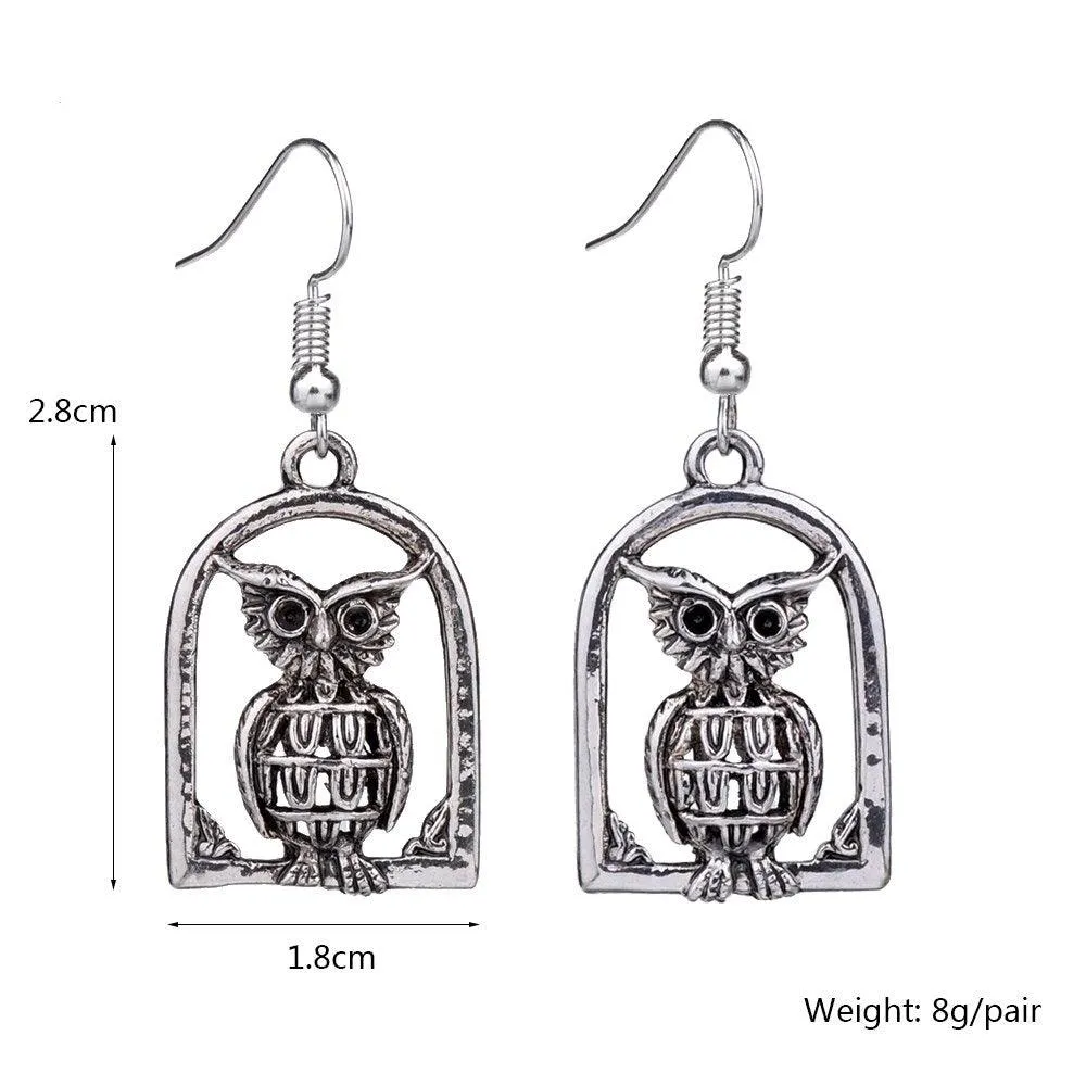 Vintage Owl Drop Dangle Silver Retro Earrings-Owl Vintage Earrings