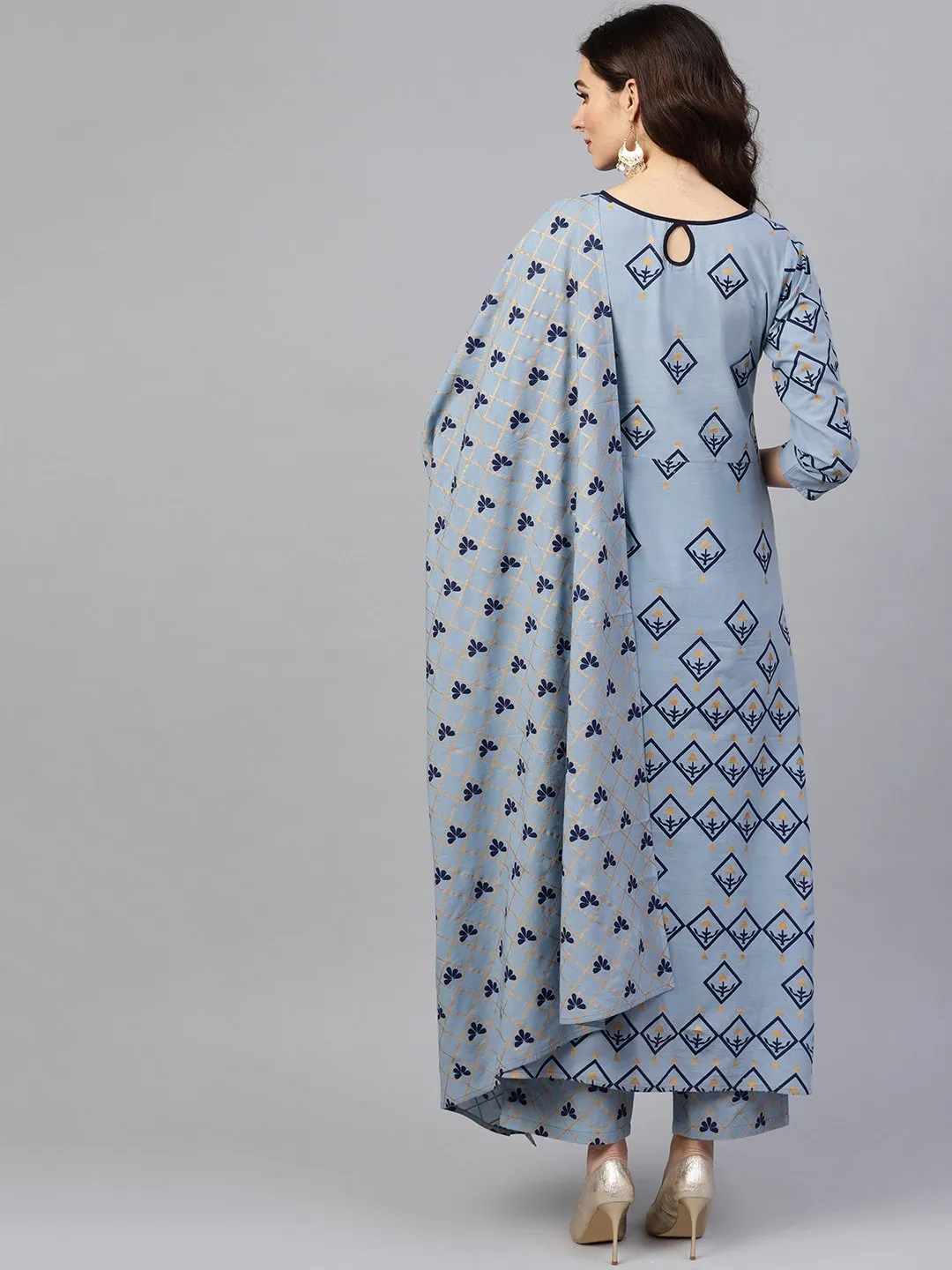 Women Blue & Golden Printed Kurta With Trousers & Dupatta