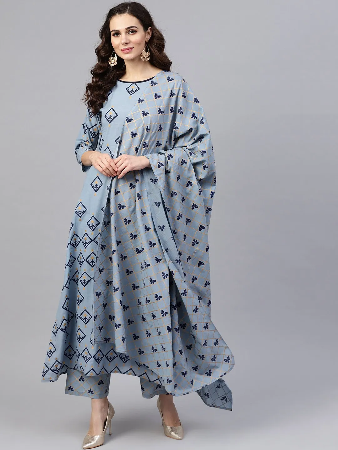 Women Blue & Golden Printed Kurta With Trousers & Dupatta