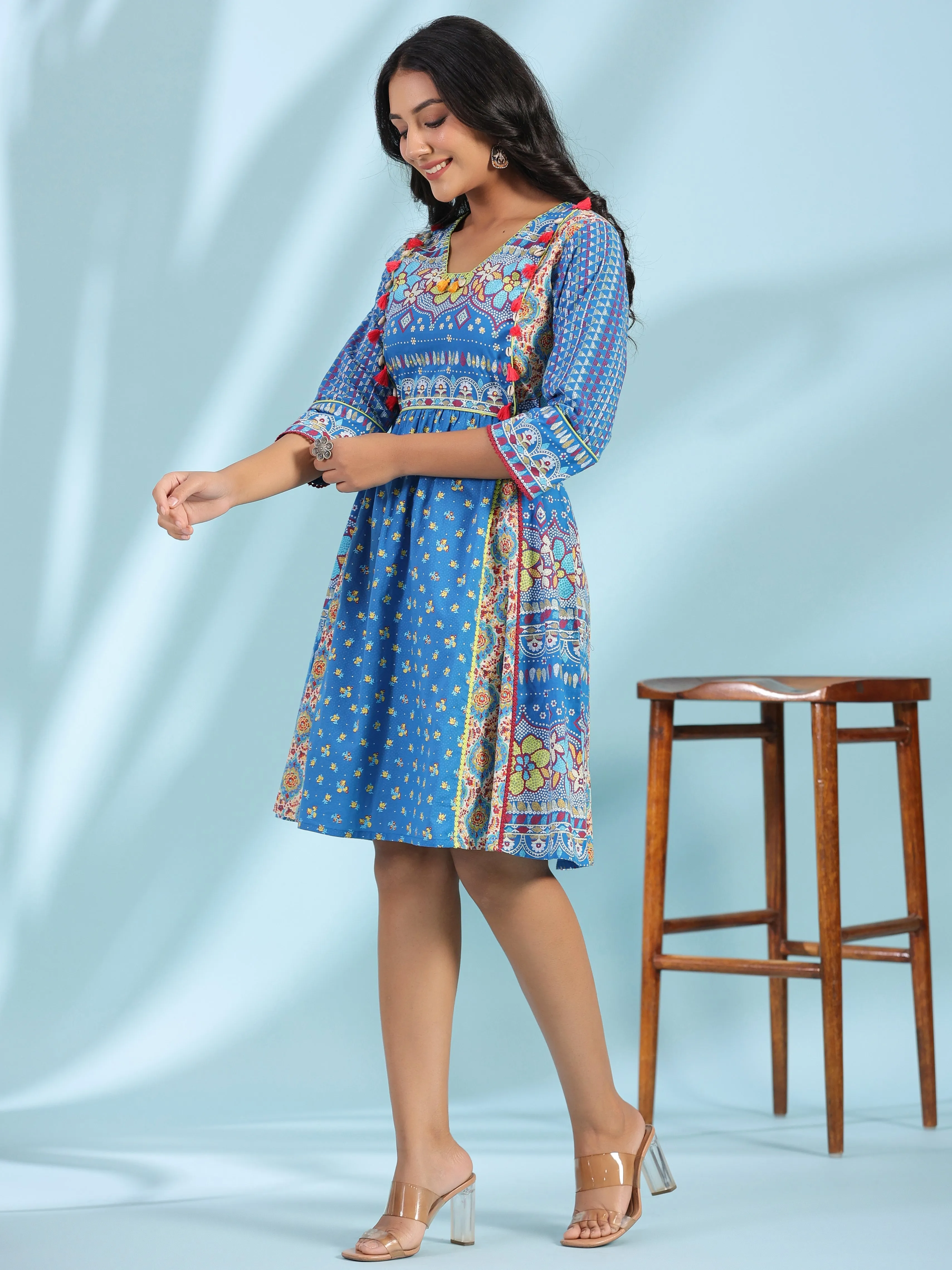 Women Blue Cambric Floral Dress