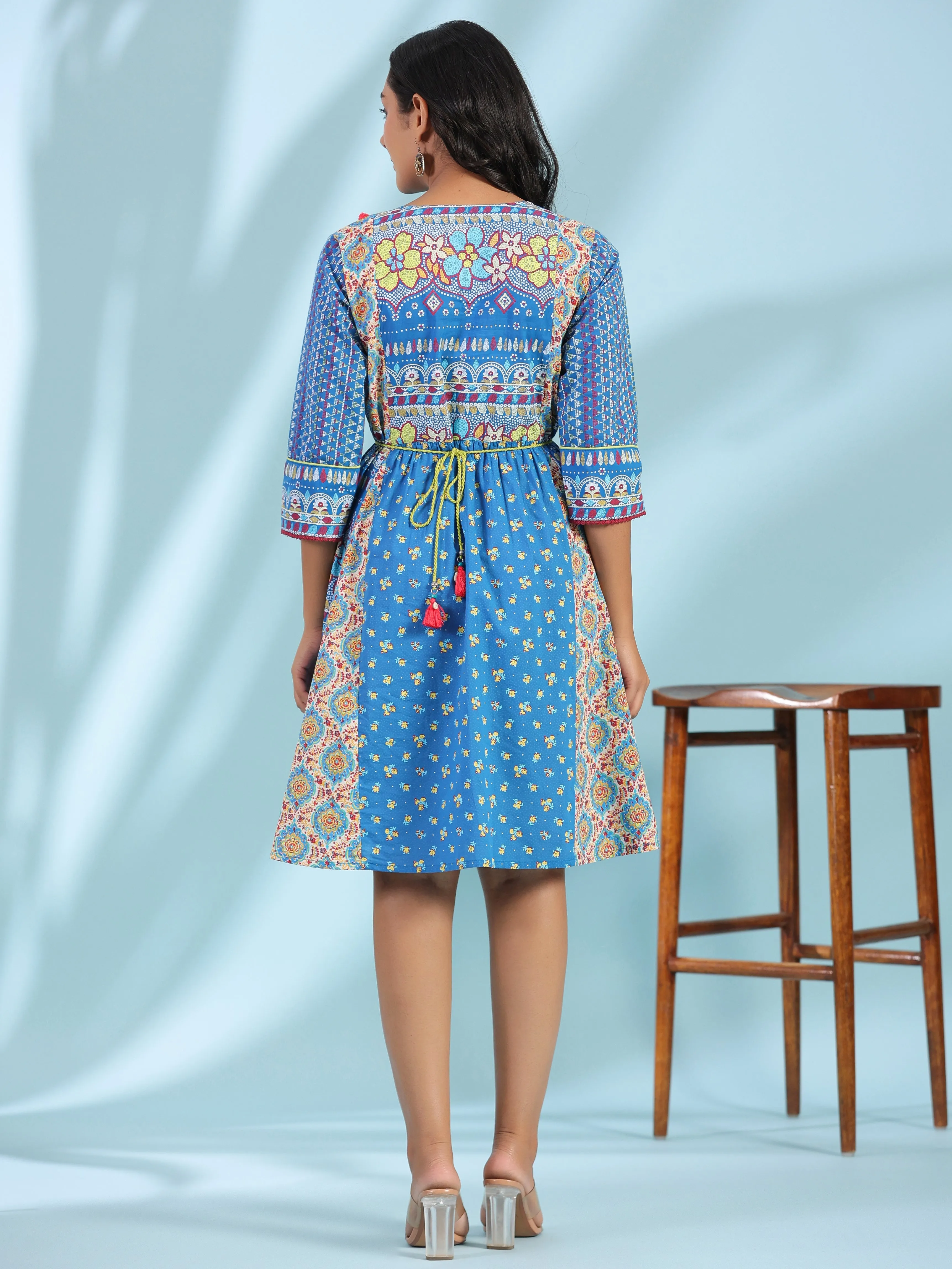 Women Blue Cambric Floral Dress