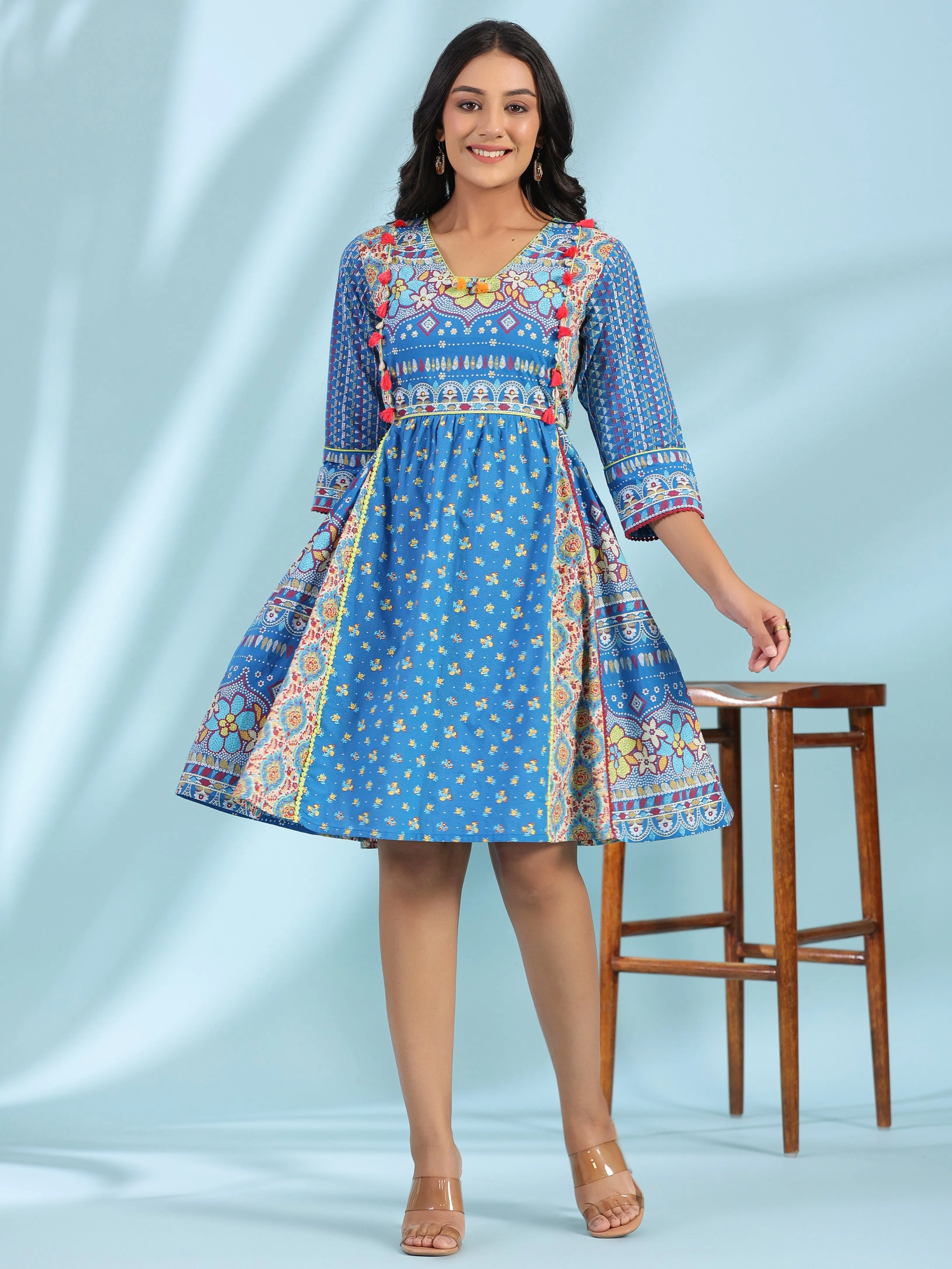 Women Blue Cambric Floral Dress